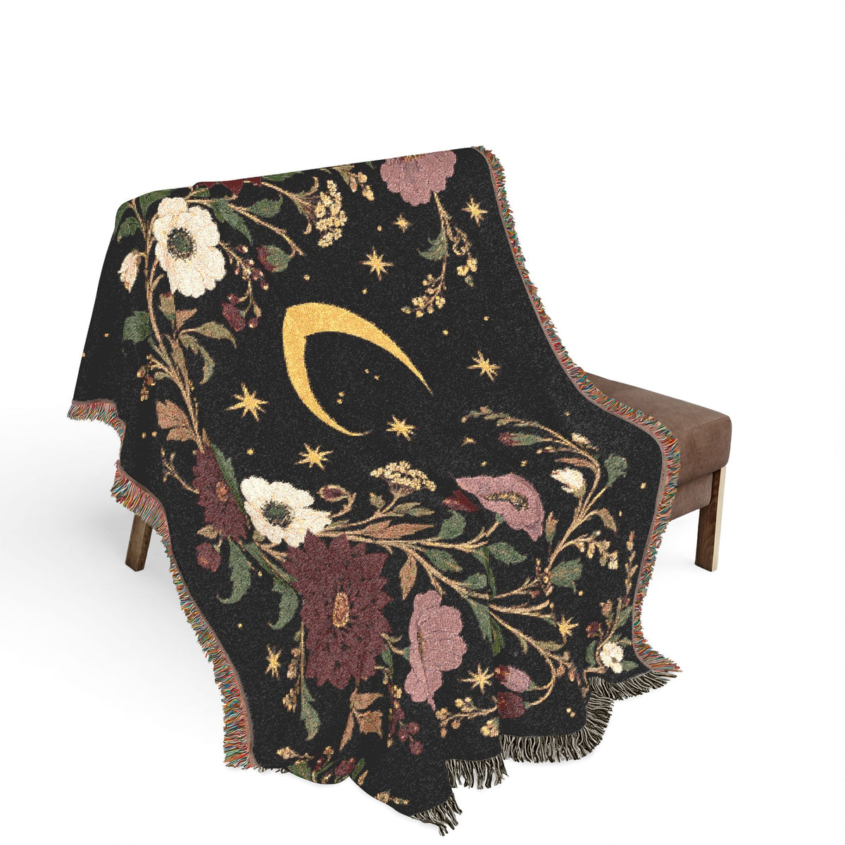 Dark Botanical Floral Woven Throw Blanket Tapestry, Crescent Moon Celestial Cotton Fringe Warm Adult Kids Small Large Bed 50x60 Wall Hanging