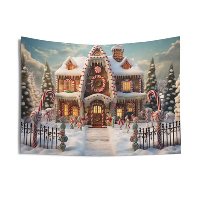 Gingerbread House Tapestry, Candy Cane Christmas Xmas Wall Art Hanging Landscape Cool Unique Aesthetic Large Small Bedroom Dorm