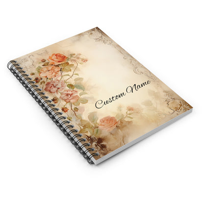 Custom Roses Spiral Bound Notebook, Personalized Vintage Name Travel Floral Retro Small Journal Notepad Ruled Line Book Paper Aesthetic