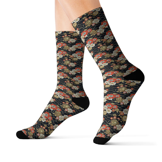 Japanese Flowers Socks, Asian Floral Crew Sublimation Women Men Designer Fun Novelty Cool Funky Crazy Casual Cute Unique Dress