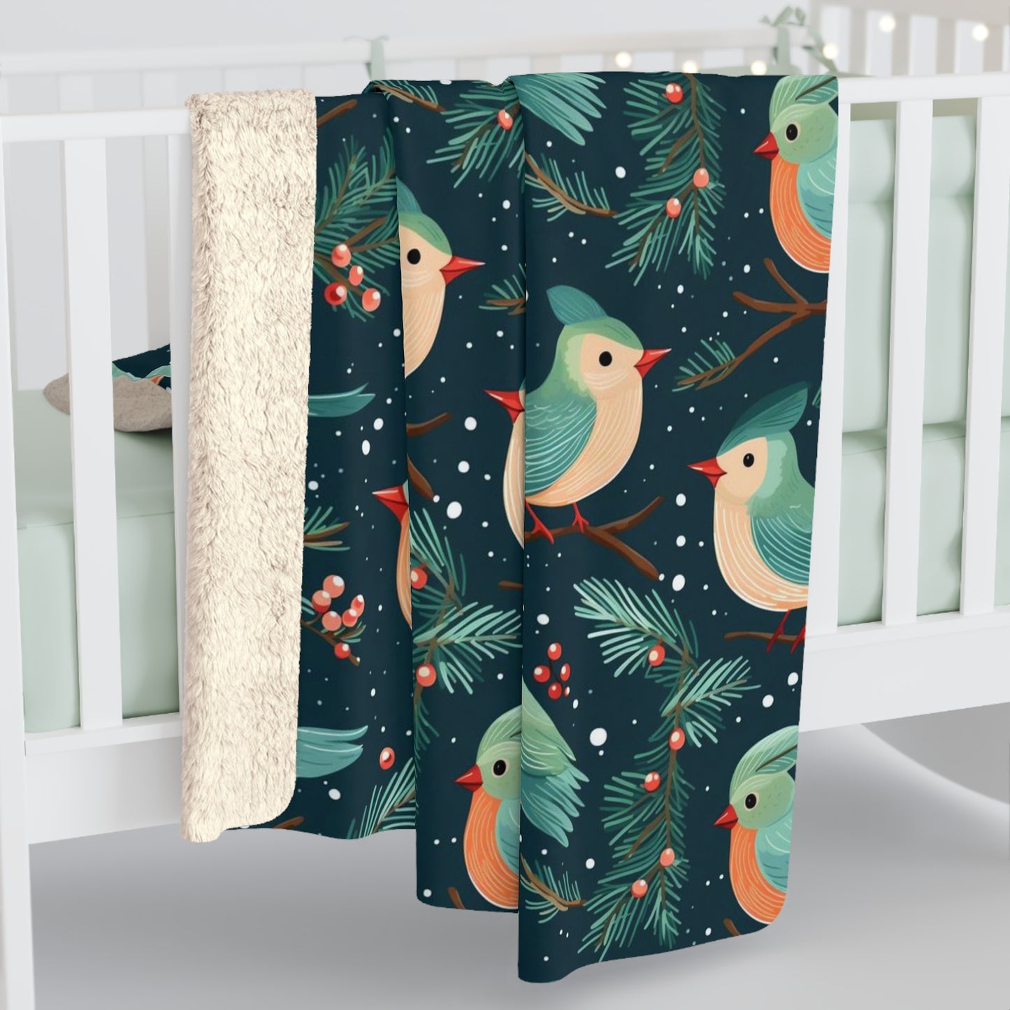 Christmas Birds Sherpa Fleece Blanket, Green Xmas Berries Throw Soft Fluffy Cozy Warm Adult Kids Large Home Decor Gift Bed