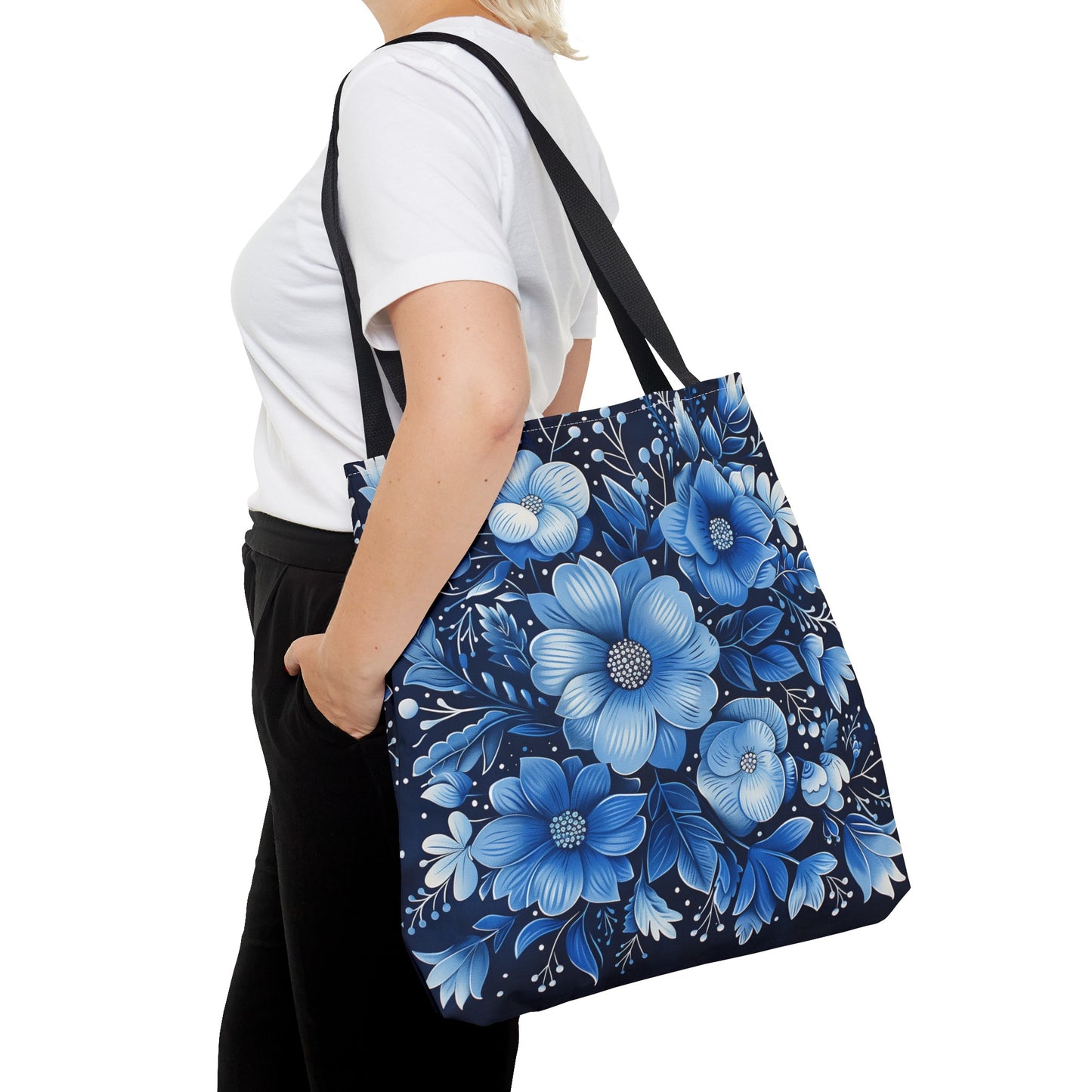 Blue Floral Tote Bag, Navy Flowers Cute Canvas Shopping Small Large Travel Reusable Aesthetic Shoulder Bag Purse