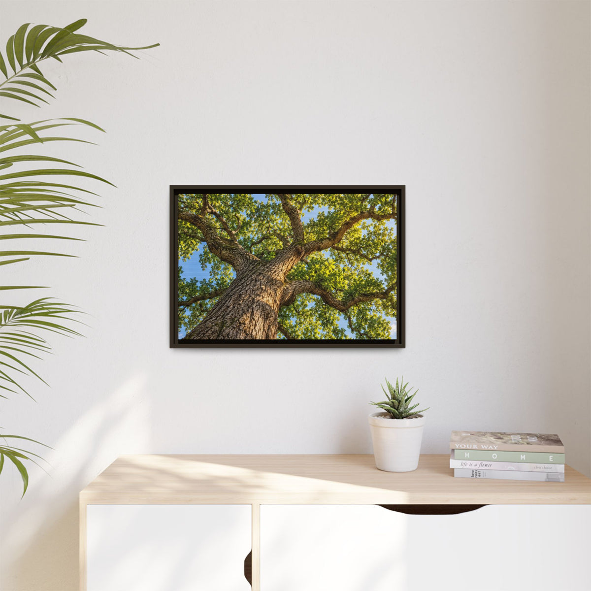 Oak Tree Canopy Canvas Wood Framed, Green Foliage Sunlit Woodland Wall Art Print Artwork Decor Small Large Hanging Matte Modern Landscape