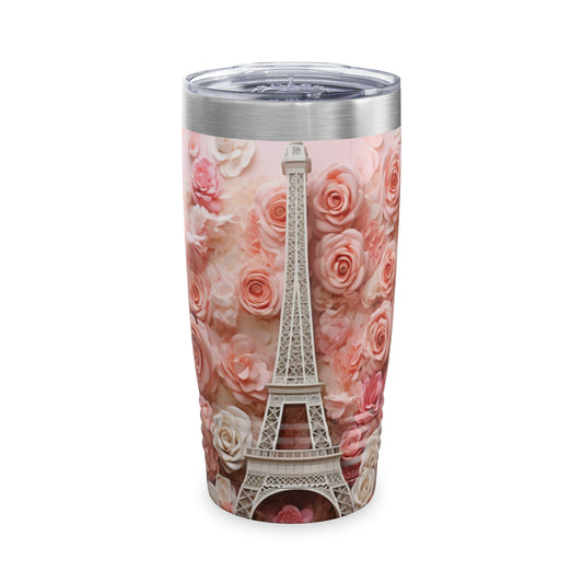3D Eifel Tower Roses Tumbler, Paris Stainless Steel 20oz Travel Mug Lid Pink Ringneck Cup Flask Coffee Office Men Women