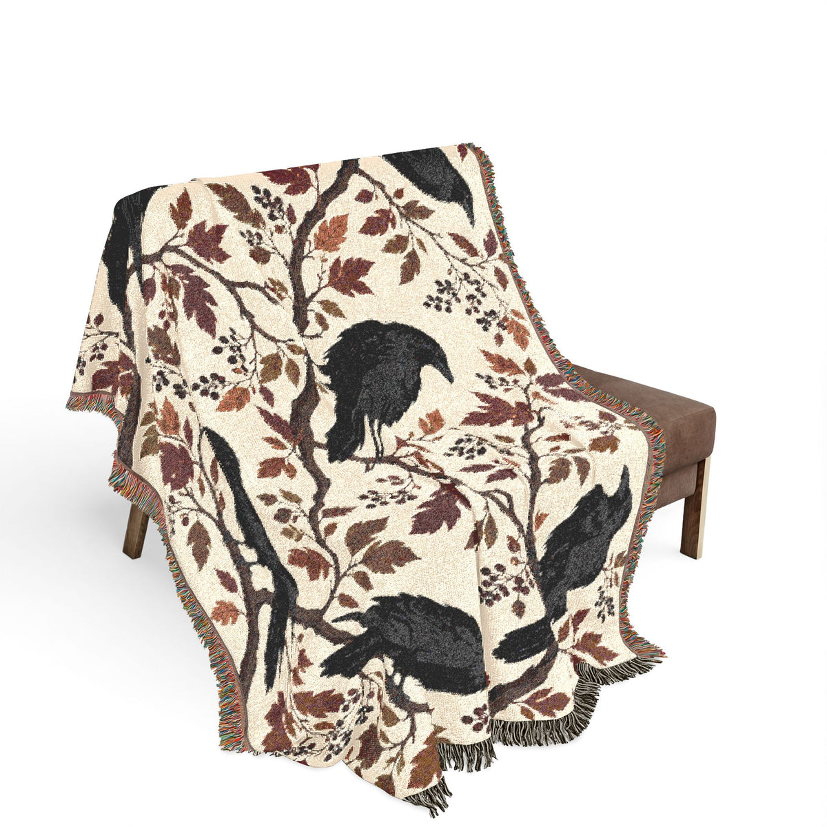 Black Raven Floral Woven Throw Blanket Tapestry, Halloween Autumn Fall Boho Gothic Crow Cotton Fringe Adult Kids Small Large Bed 50x60 Wall