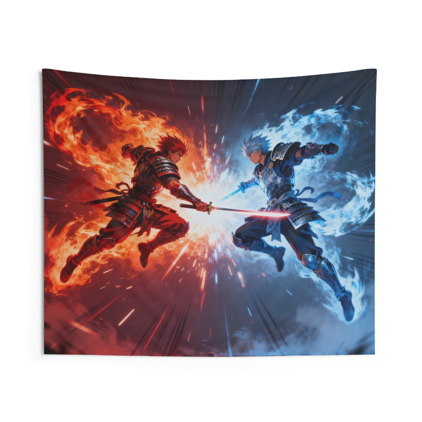 Anime Tapestry, Warriors Fire Ice Battle Wall Art Hanging Cool Unique Landscape Large Small Decor Bedroom College Dorm Room