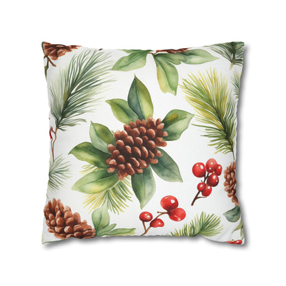 Christmas Pine Cone Pillow Cover, Red Berries Botanical Holidays Xmas Watercolor Square Throw Decorative Cover Cushion 20 x 20 Zipper Sofa