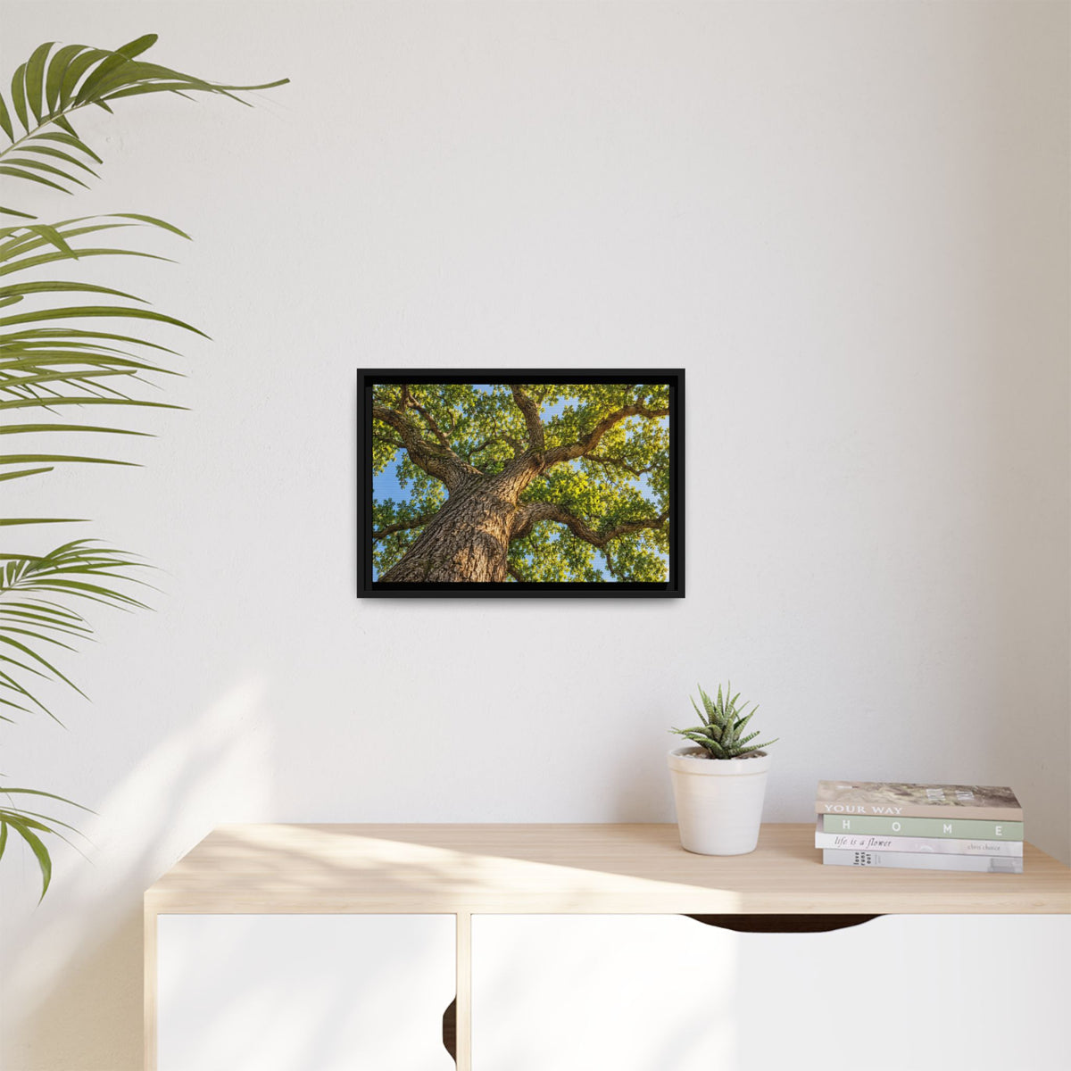 Oak Tree Canopy Canvas Wood Framed, Green Foliage Sunlit Woodland Wall Art Print Artwork Decor Small Large Hanging Matte Modern Landscape
