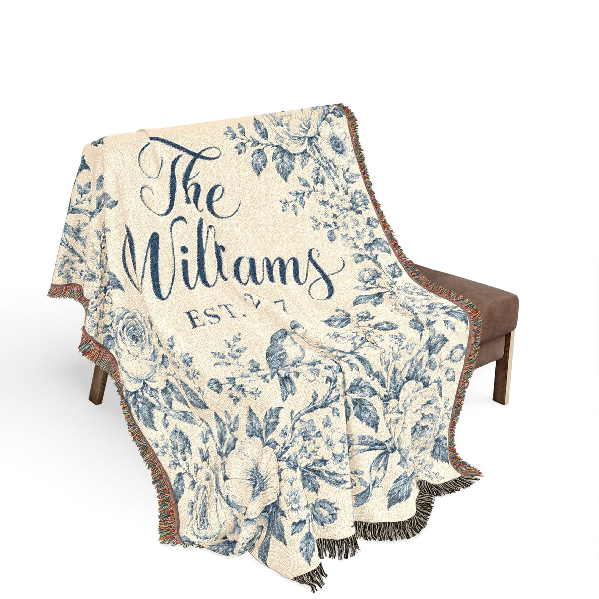 Custom Couples Blanket Throw Blanket Tapestry, Personalized Wedding Bridal Bride Anniversary Family Cotton Blue Toile Small Large Hanging