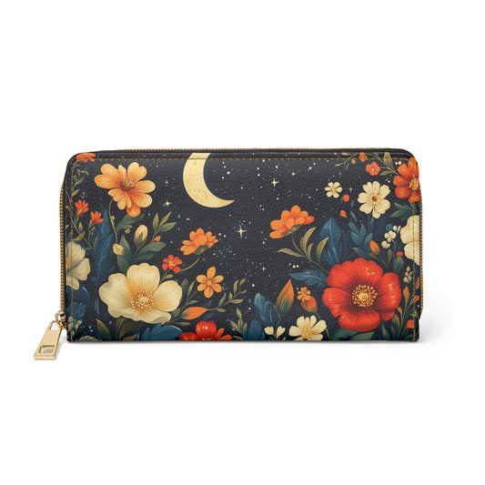 Floral Moon Leather Wallet Women, Stars Flowers Vegan Zipper Zip Around Coins Credit Cards Pocket Cash Ladies Female Pouch Slim Clutch Purse