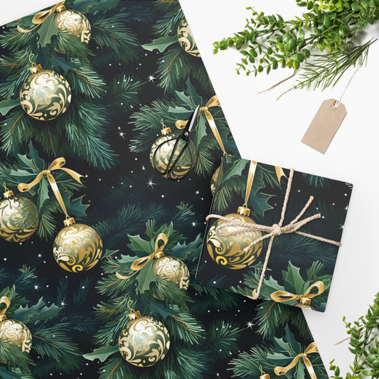 Christmas Tree Wrapping Paper, Green Gold Print Art Packing Holiday Gift Wrap Decorative Vintage Xmas Present Wrapper Roll