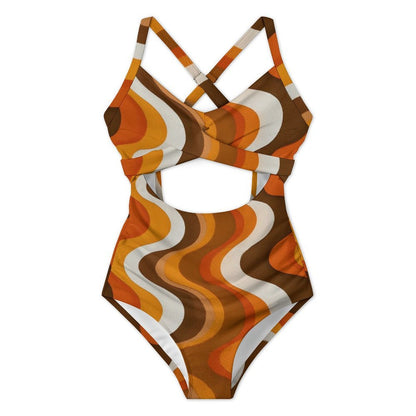 70s Wavy One Piece Swimsuit Women, Retro Vintage Party Cut Out Tummy Control Designer Swim 1 Swimming Bathing Suits Body Ladies Swimwear