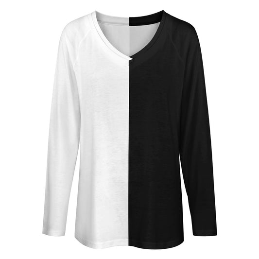 Half Black Half White Women Long Sleeve Tshirt loose fit, Color Block Split 2 Tone Relaxed V-neck Designer Ladies Female Tee Top Shirt