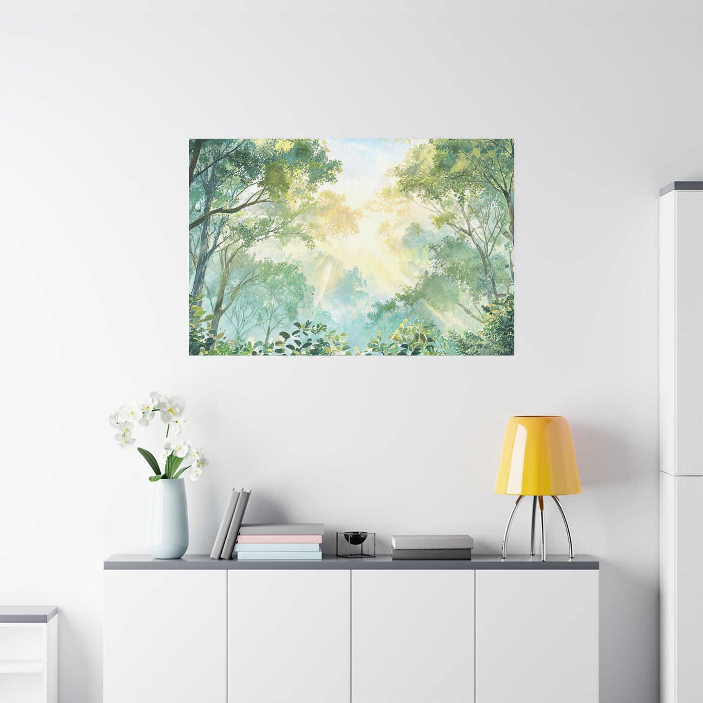 Tree Canopy Sky Canvas Gallery Wrap, Sunlit Calm Nature Watercolor Wall Art Print Decor Small Large Hanging Modern Landscape Living Room