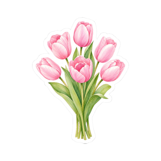 Pink Tulips Flower Sticker Decal, Bouquet Floral Watercolor Art Vinyl Cute Waterbottle Tumbler Car Waterproof Bumper Clear Die Cut Wall