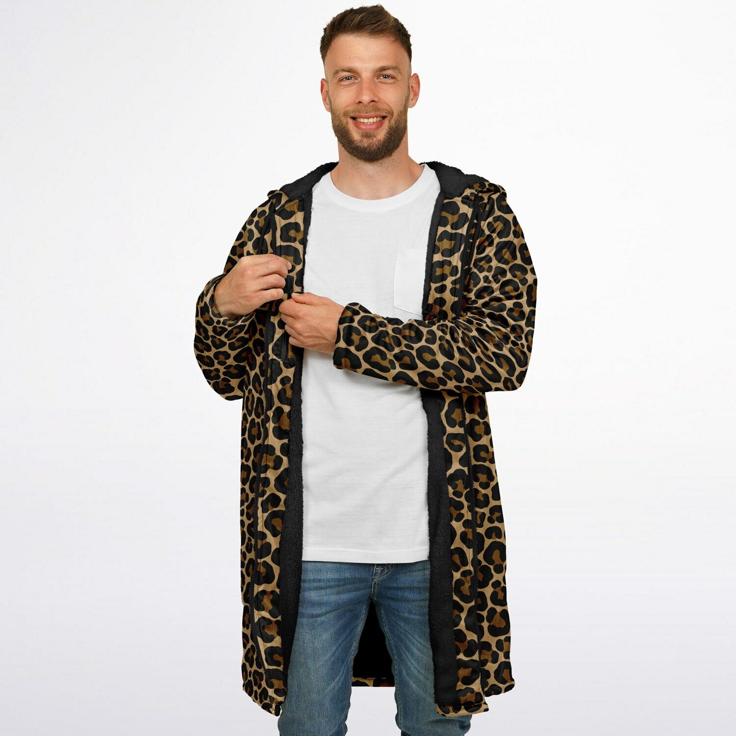 Leopard Hooded Cloak Fleece Jacket, Animal Print Cheetah Zipper Coat Men Women Male Ladies Winter Mink Hooded Parka Wearable Cape Pockets