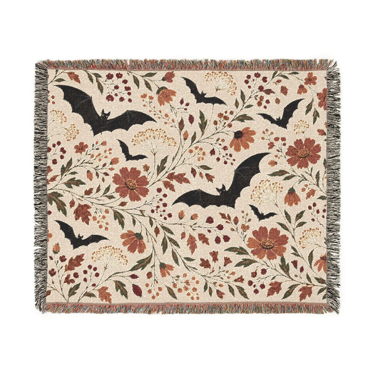 Bat Floral Woven Throw Blanket Tapestry, Halloween Autumn Fall Boho Cotton Fringe Warm Adult Kids Small Large Sofa Bed 50x60 Wall Hanging
