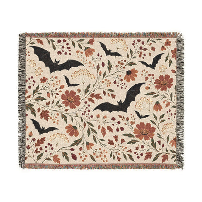 Bat Floral Woven Throw Blanket Tapestry, Halloween Autumn Fall Boho Cotton Fringe Warm Adult Kids Small Large Sofa Bed 50x60 Wall Hanging