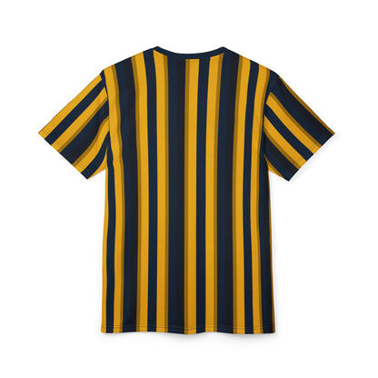 Yellow Blue Striped Tshirt, Vertical Black Stripe Designer Aesthetic Lightweight Heavyweight Crewneck Men Women Tee Top Short Sleeve Shirt