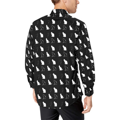 Cats Long Sleeve Men Button Up Shirt, Black White Kitten Themed Print Buttoned Down Collar Business Casual Dress Shirt Male Chest Pocket