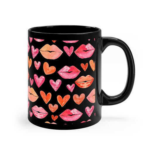Red Hearts Kisses Coffee Mug, Art Valentine Day Lips Love Black Ceramic Cup Tea Hot Lover Unique Microwave Safe Novelty Cool Gift