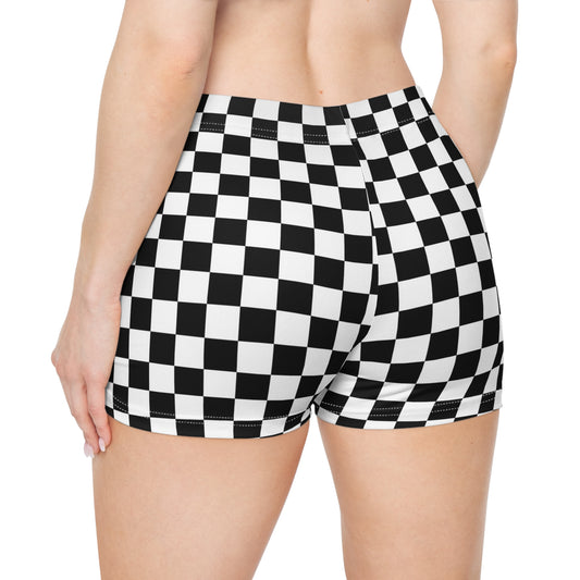 Checkered Women Shorts, Black White Check Racing Yoga Biker Sport Workout Gym Festival Running Moisture Wicking Ladies Bottoms
