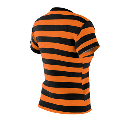 Black and Orange Striped Women Tshirt, Halloween Designer Adult Graphic Aesthetic Fashion Fitted Crewneck Tee Shirt Top Starcove Fashion