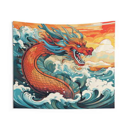 Dragon Tapestry, Japanese Waves Chinese Red Wall Art Hanging Cool Unique Landscape Aesthetic Large Small Decor Bedroom College Dorm Starcove Fashion