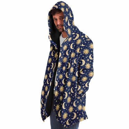 Sun Moon Hooded Cloak, Blue Navy Celestial Cosmic Space Coat Men Women Ladies Winter Warm Mink Fleece Blanket Robe Wearable Cape Pockets