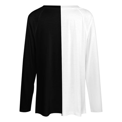 Half Black Half White Women Long Sleeve Tshirt loose fit, Color Block Split 2 Tone Relaxed V-neck Designer Ladies Female Tee Top Shirt