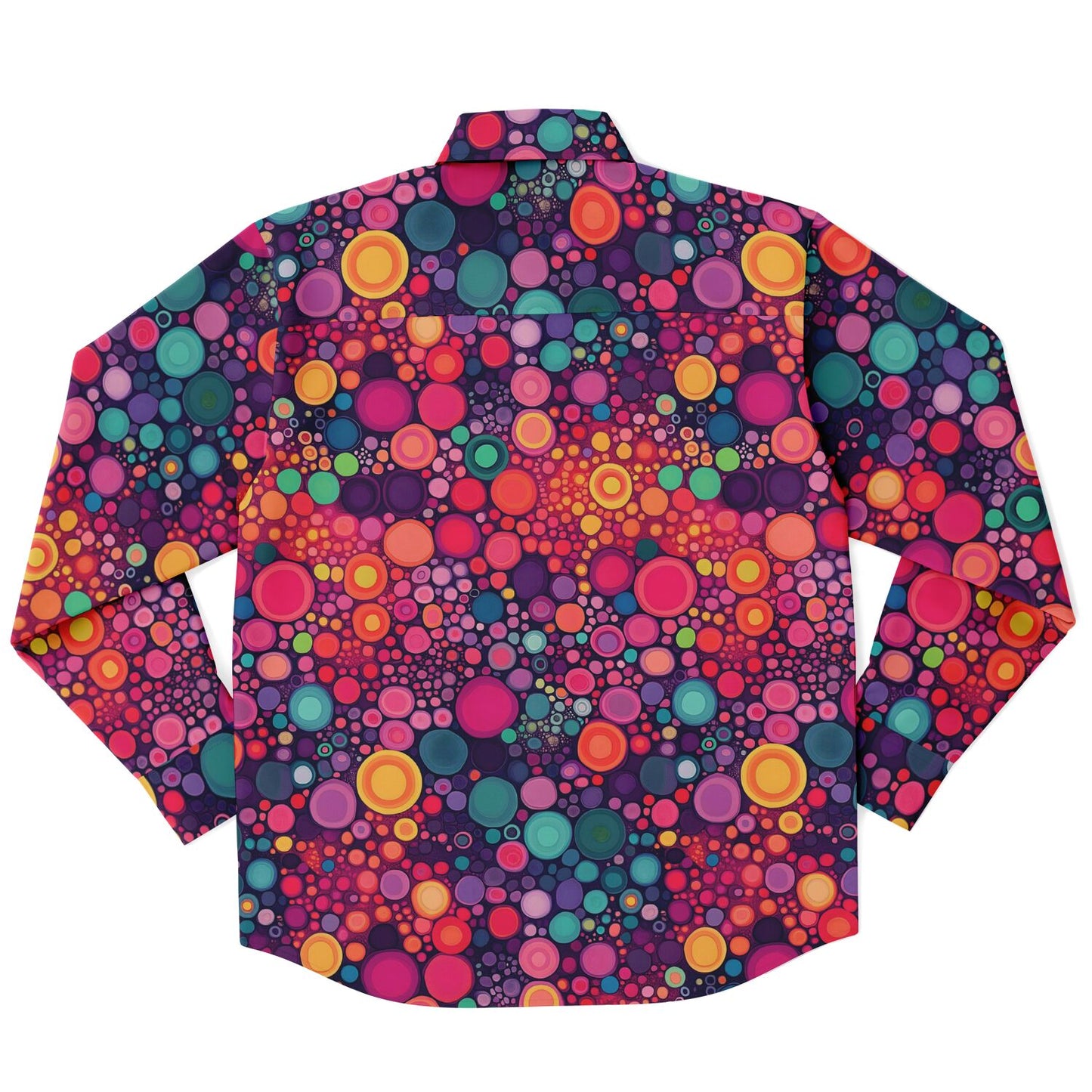 Psychedelic Long Sleeve Men Button Up Shirt, Funky Red Colorful Fun Retro Vibrant Dot Art Guys Male Print Buttoned Down Collared Casual Dress Plus Size
