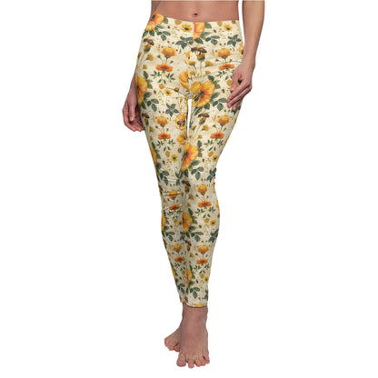 Honey Bees Floral Leggings Women Ladies, Yellow Flowers Printed Yoga Pants Cute Spring Workout Running Gym Fun Designer Tights Gift