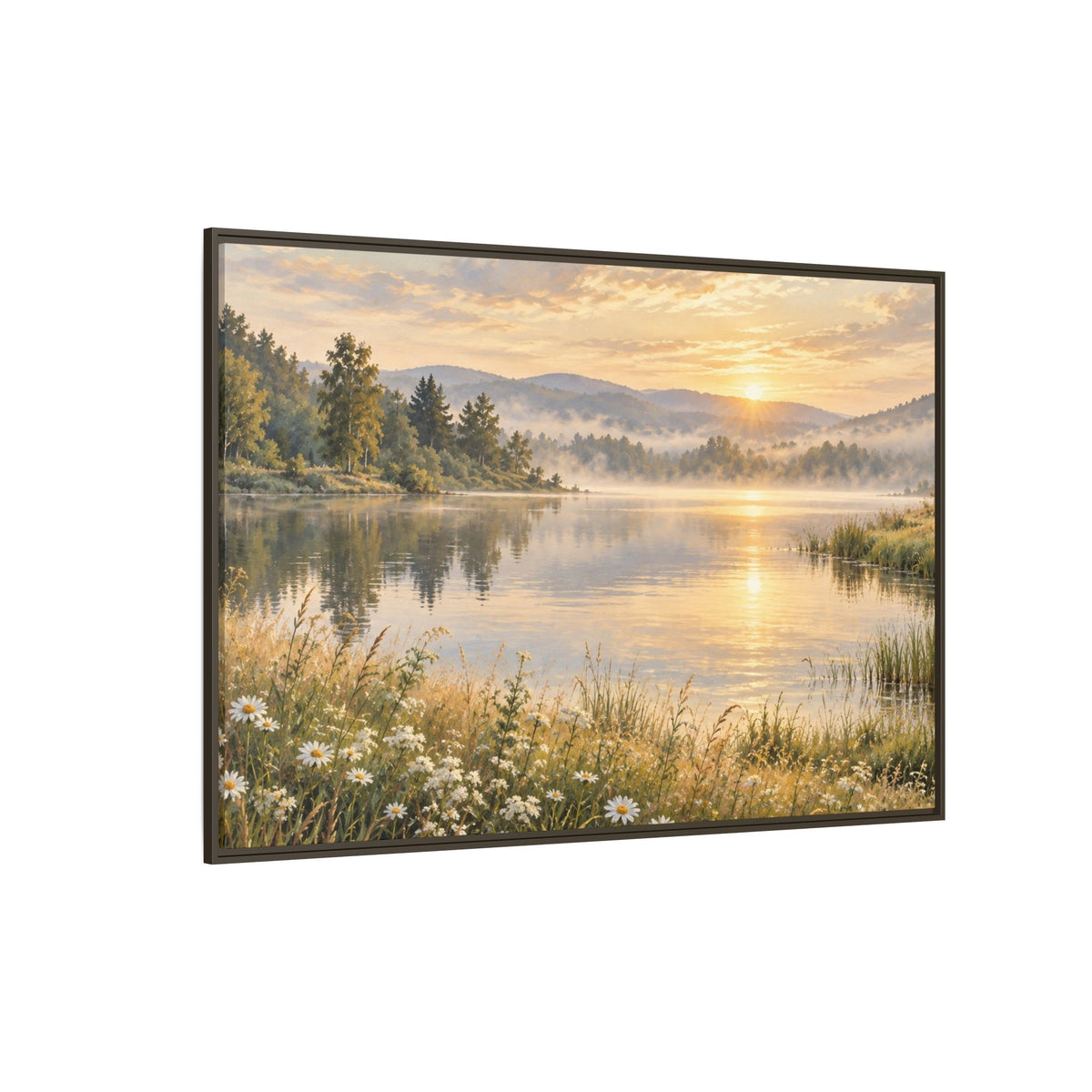 Misty Meadow Lake Wood Framed Canvas, Wildflower Farmhouse Wall Art Print Artwork Decor Small Large Hanging Matte Landscape Square Poster