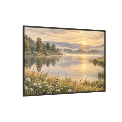 Misty Meadow Lake Wood Framed Canvas, Wildflower Farmhouse Wall Art Print Artwork Decor Small Large Hanging Matte Landscape Square Poster