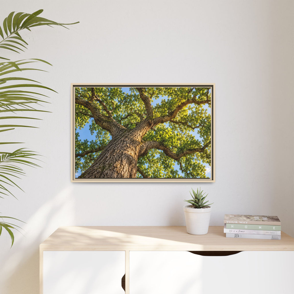 Oak Tree Canopy Canvas Wood Framed, Green Foliage Sunlit Woodland Wall Art Print Artwork Decor Small Large Hanging Matte Modern Landscape