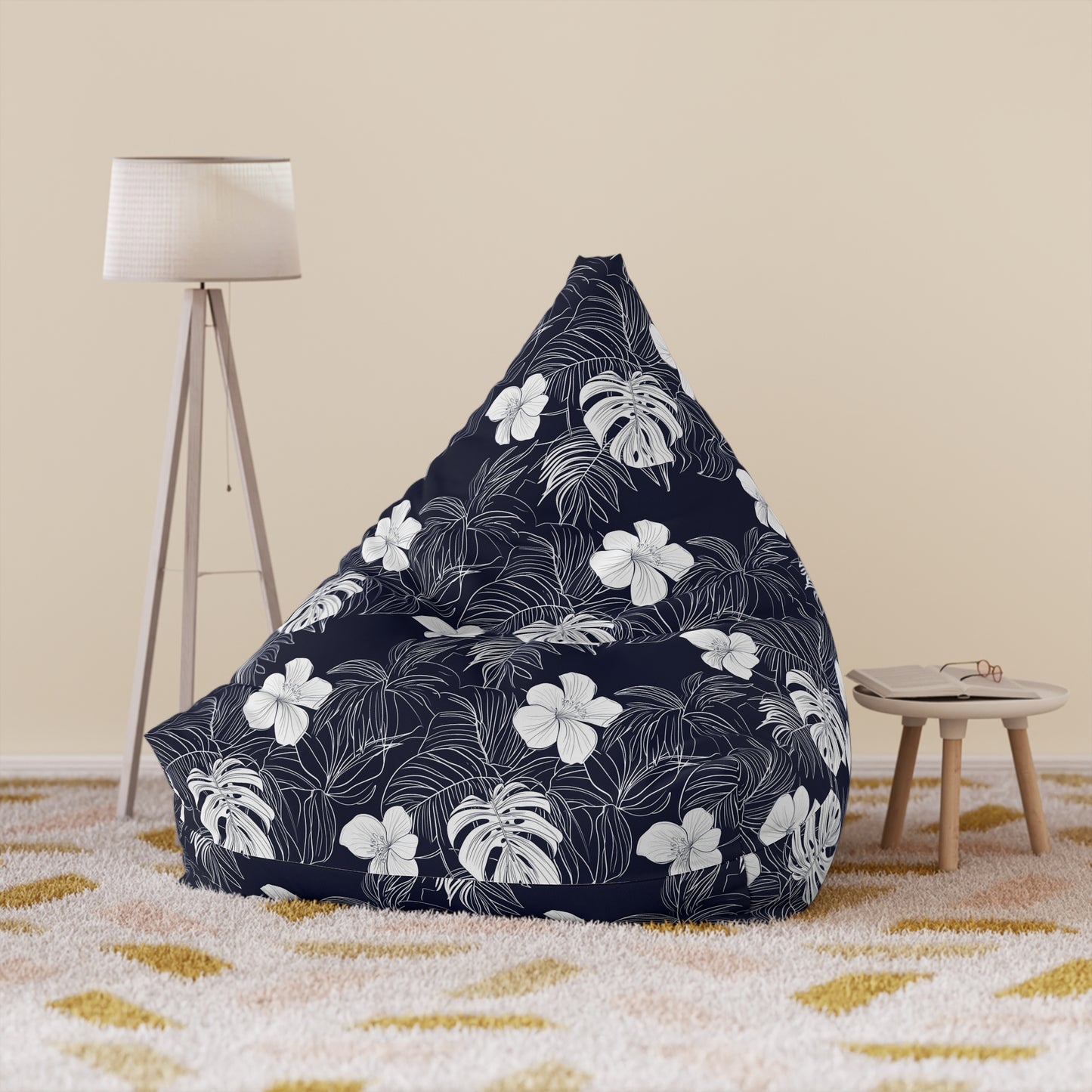 Navy Blue Tropical Bean Bag Chair Cover, Hibiscus Floral White Washable Triangle Small Large Adult Children Kids Sofa Dorm Unfilled Sack