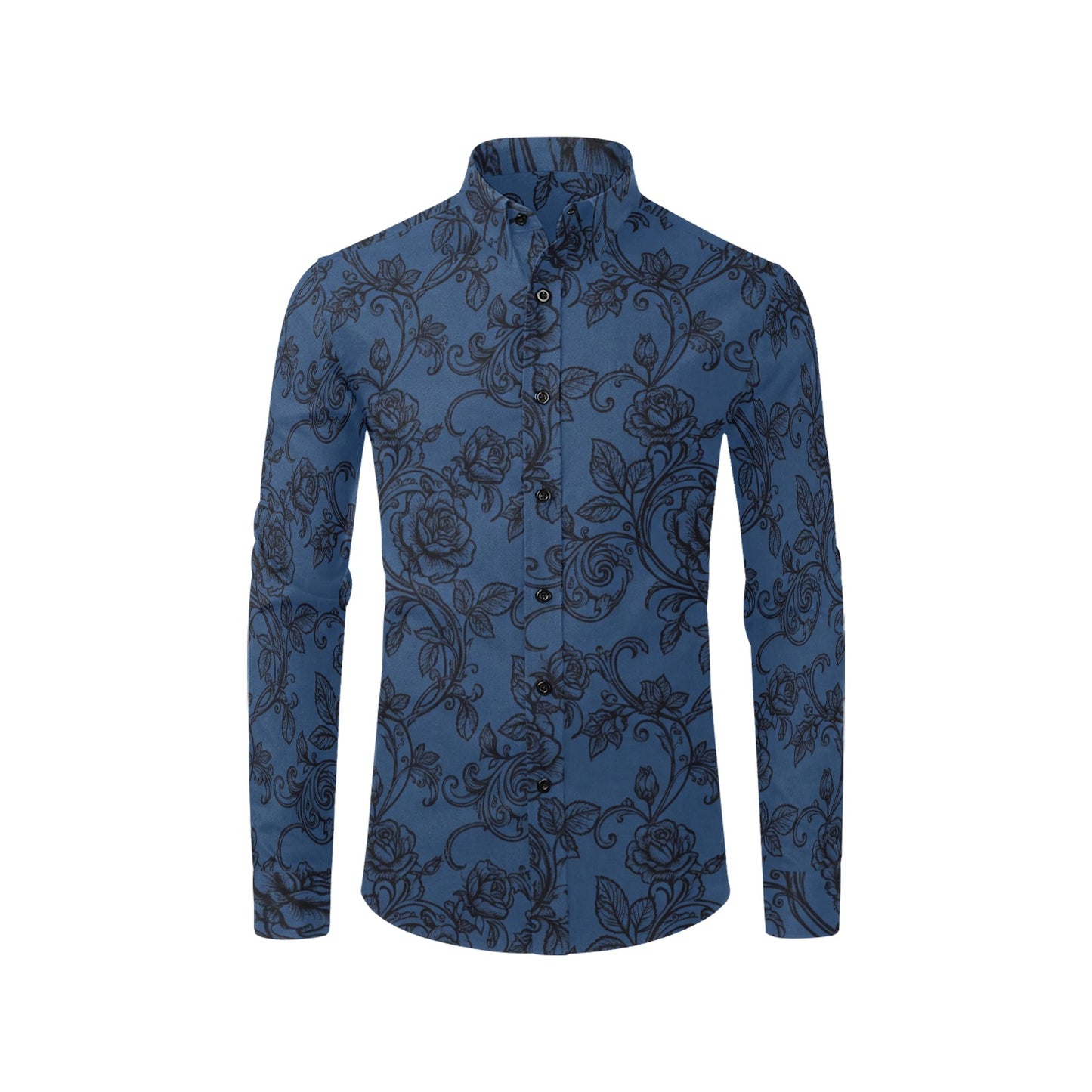 Black Blue Floral Long Sleeve Men Button Up Shirt, Vines Roses Flowers Print Casual Buttoned Collared Designer Dress Shirt Chest Pocket Male