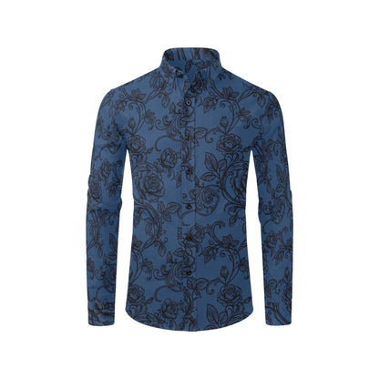 Black Blue Floral Long Sleeve Men Button Up Shirt, Vines Roses Flowers Print Casual Buttoned Collared Designer Dress Shirt Chest Pocket Male