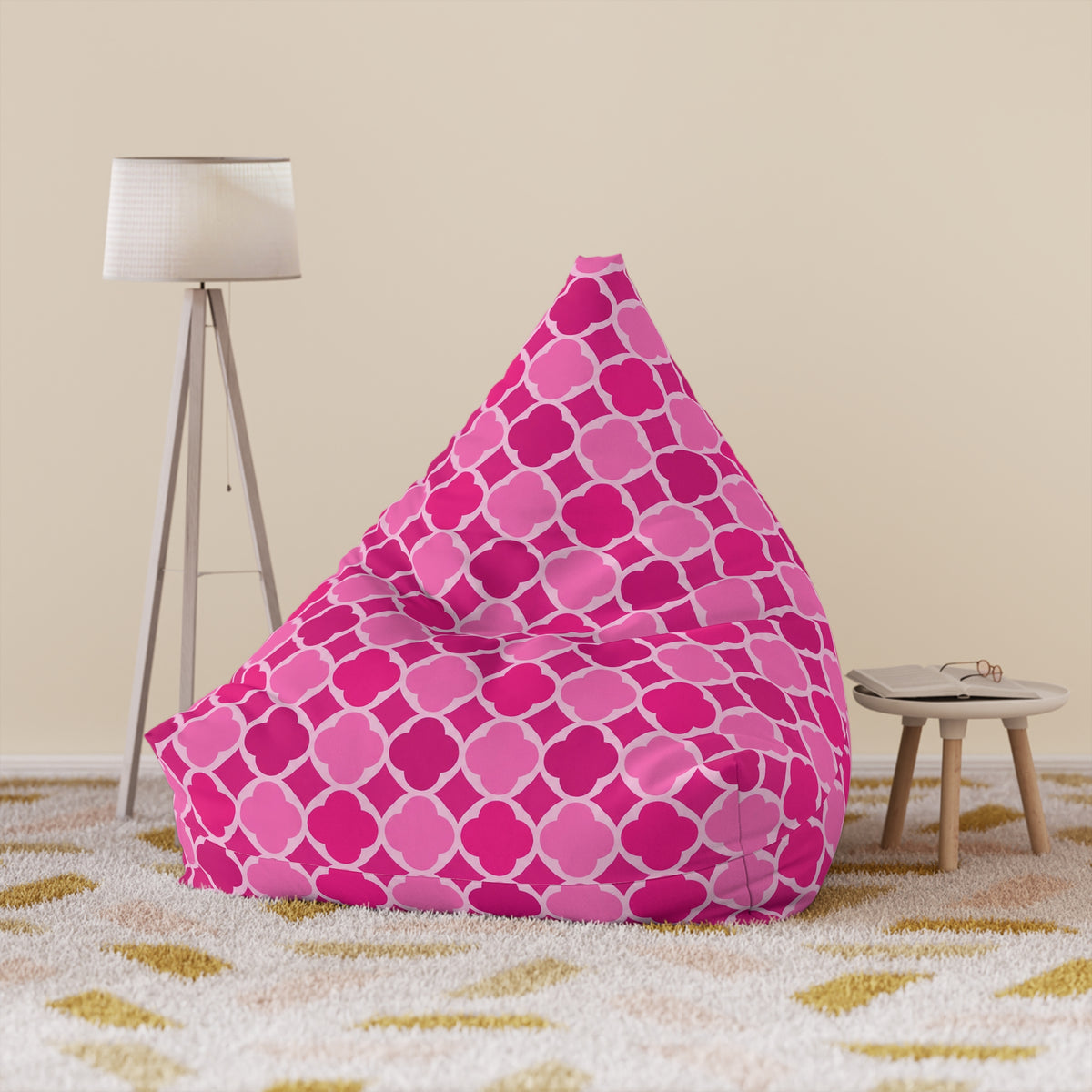Bright Pink Geometric Bean Bag Chair Cover, Petal Washable Triangle Furniture Small Large Adult Children Kids Playroom Apartment Dorm Decor