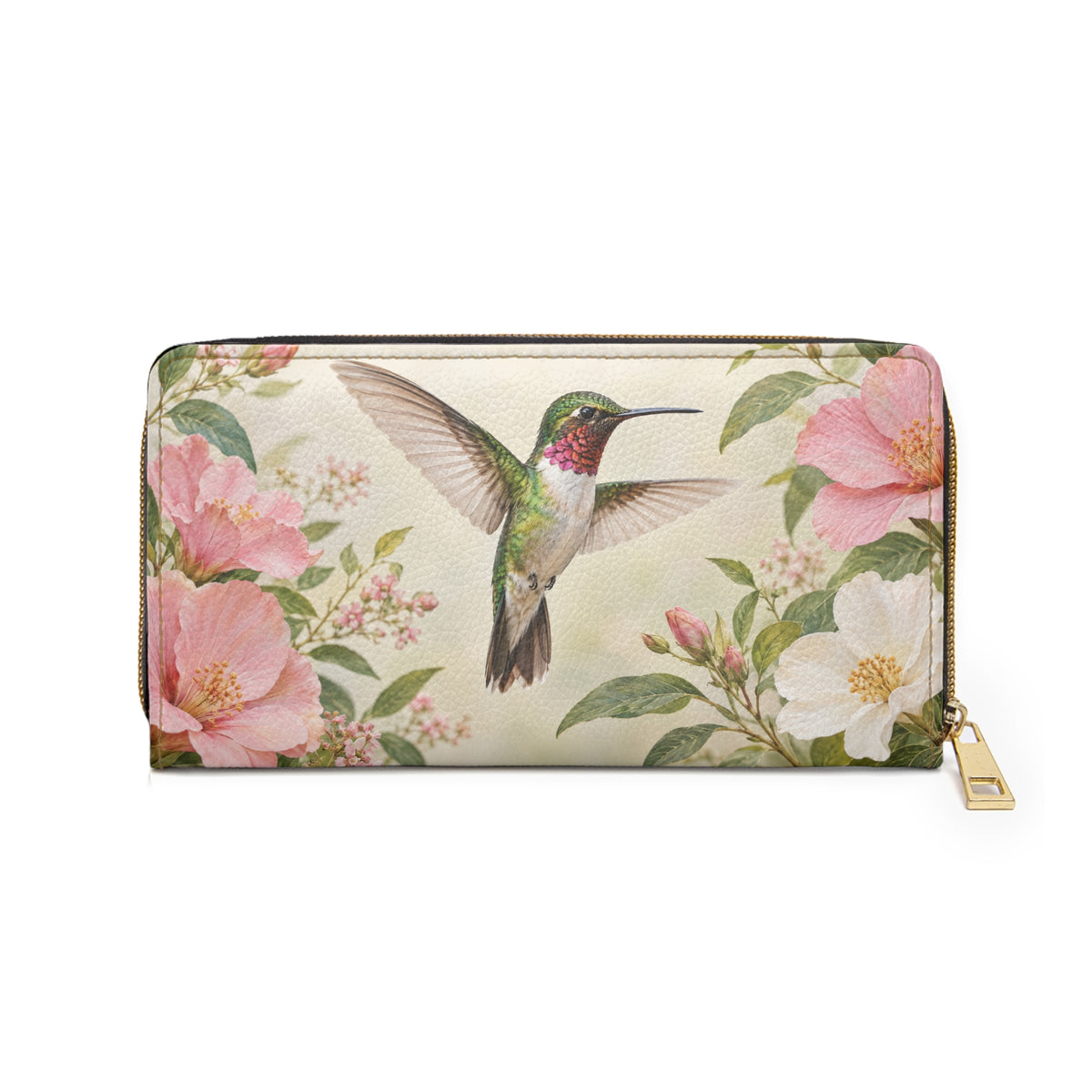 Hummingbird Leather Wallet Women, Floral Flowers Bird Vegan Zipper Zip Around Coins Credit Cards Pocket Cash Ladies Female Pouch Slim Purse