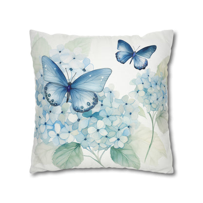 Blue Hydrangea Butterfly Pillow Cover, Floral Flowers Watercolor Square Throw Decorative Cover Room Couch Cushion 20 x 20 Zipper Sofa
