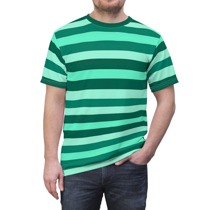 Green on Green Striped Men T Shirt, Bold Horizontal Stripes Designer Lightweight Heavyweight Crewneck Men Women Tee Short Sleeve Shirt