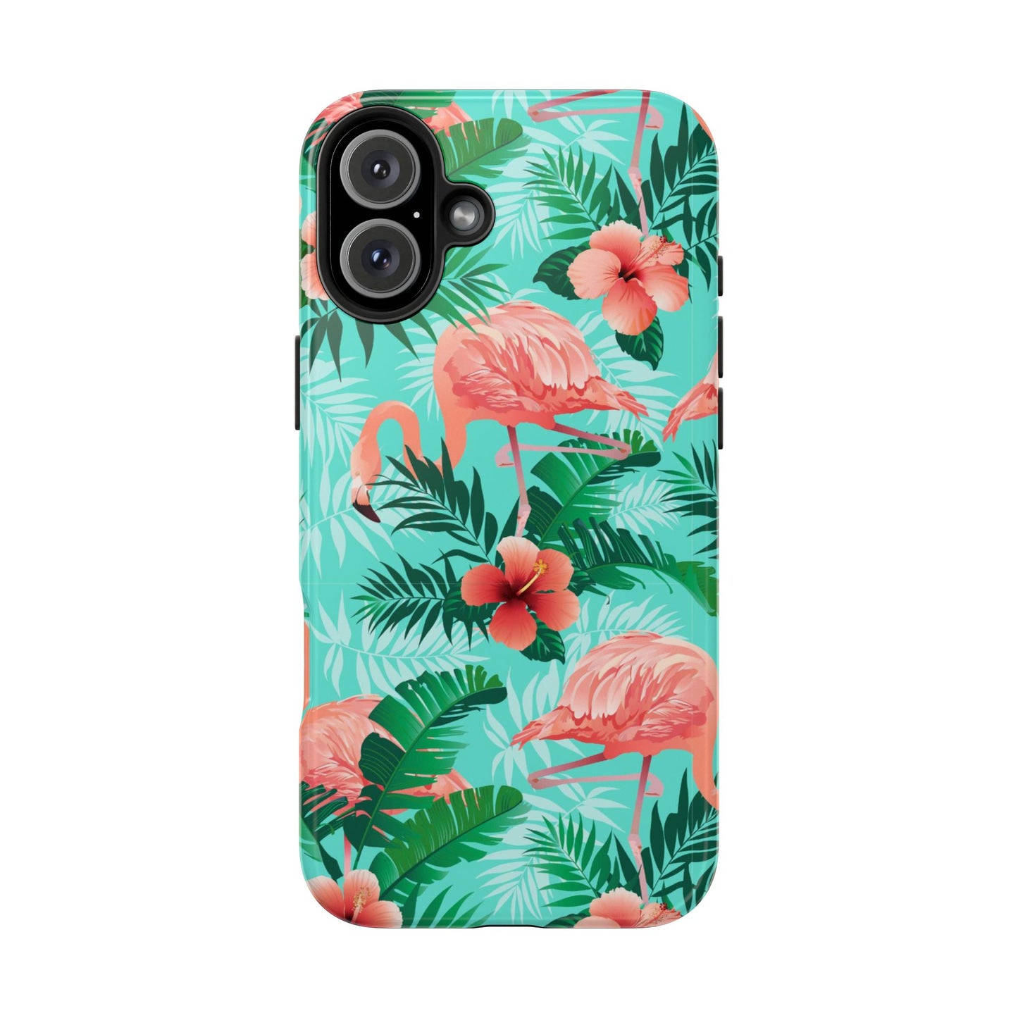 Pink Flamingo iPhone 17 16 15 14 13 12 11 Pro Max Case, Green Tropical Leaf Monstera Print Cute Gift XS XR X 7 Plus 8 Tough Cell Phone - Starcove Fashion