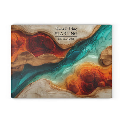 Personalized Glass Cutting Board, Custom Wood Epoxy Charcuterie Chopping Tempered Small Large Realtor Kitchen Decorative Closing Wedding