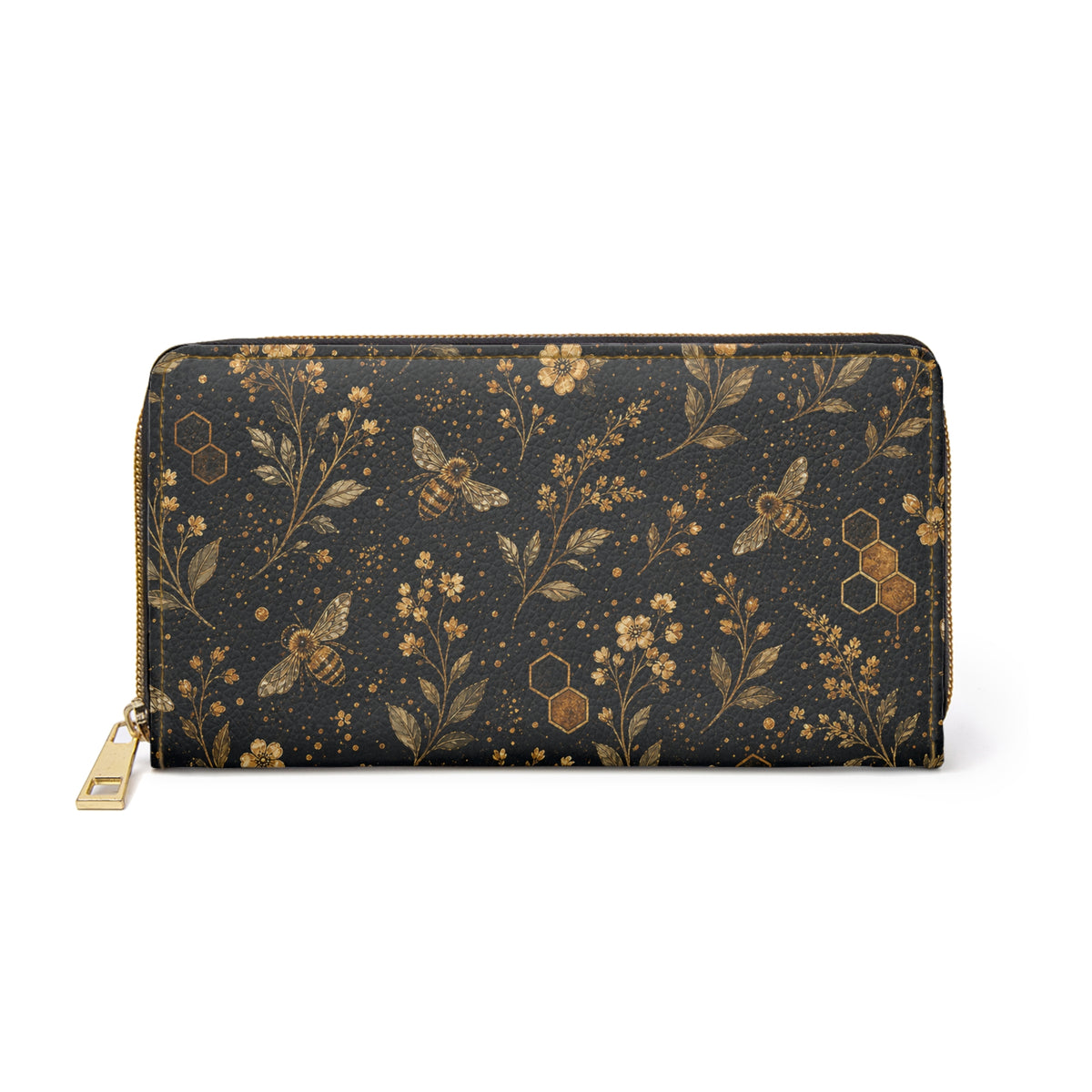 Bee Floral Leather Wallet Women, Honeycomb Flowers Vegan Zipper Zip Around Coins Credit Cards Pocket Cash Ladies Female Pouch Slim Purse