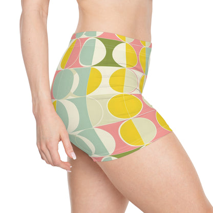 Mid Century Modern Women Shorts, Yellow Retro Colorful Yoga Biker Sport Workout Gym Festival Running Moisture Wicking Ladies Spandex Bottoms