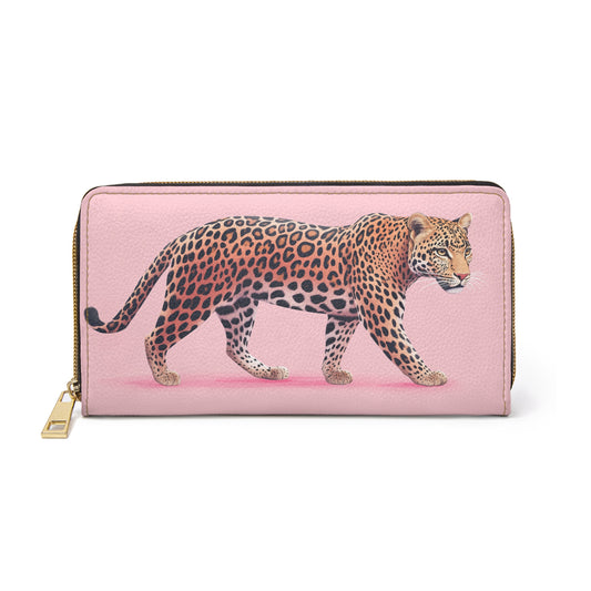 Leopard Leather Wallet Women, Pink Animal Cheetah Vegan Zipper Zip Around Coins Credit Cards Pocket Cash Ladies Female Slim Clutch Purse