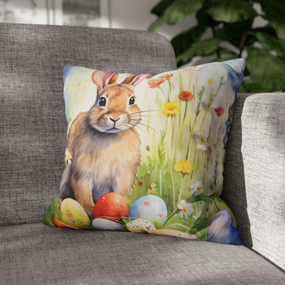 Rabbit Easter Eggs Pillow Case, Bunny Spring Flowers Square Throw Decorative Cover Room Décor Couch Cushion 20 x 20 Zipper Sofa