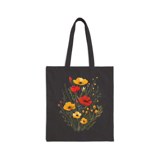 Wildflowers Cotton Tote Bag, Watercolor Floral Flowers Art Cute Designer Canvas Cloth Shopping Travel Printed Reusable Shoulder Cream Black