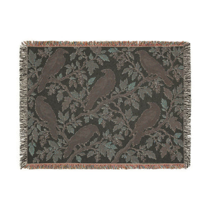 Black Raven Floral Woven Throw Blanket Tapestry, Halloween Autumn Fall Boho Gothic Crow Cotton Fringe Adult Kids Small Large Bed 50x60 Wall
